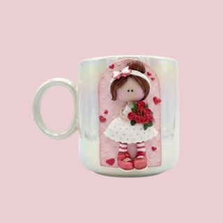 Kubek kolekcjonerski ręcznie zdobiony - Laleczka z bukietem róż